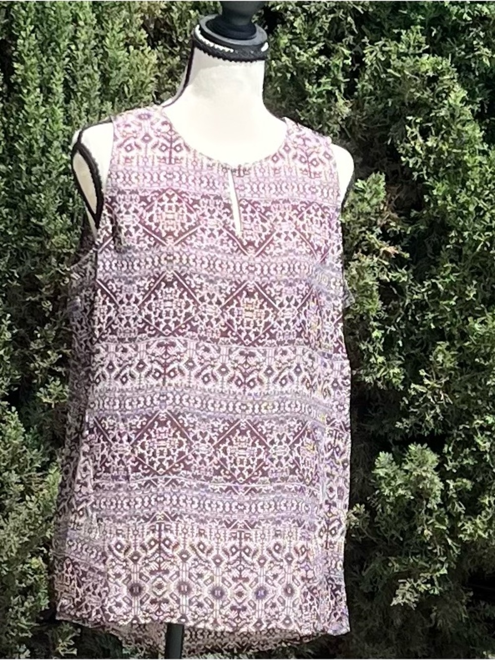 Violet + Claire Boho Geometric High Low Tunic Blouse L Purple-ish Blue and Gray